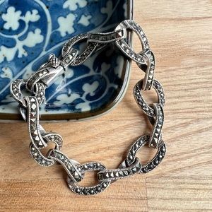 Vintage 925 Sterling silver marcasite open link bracelet Art Deco